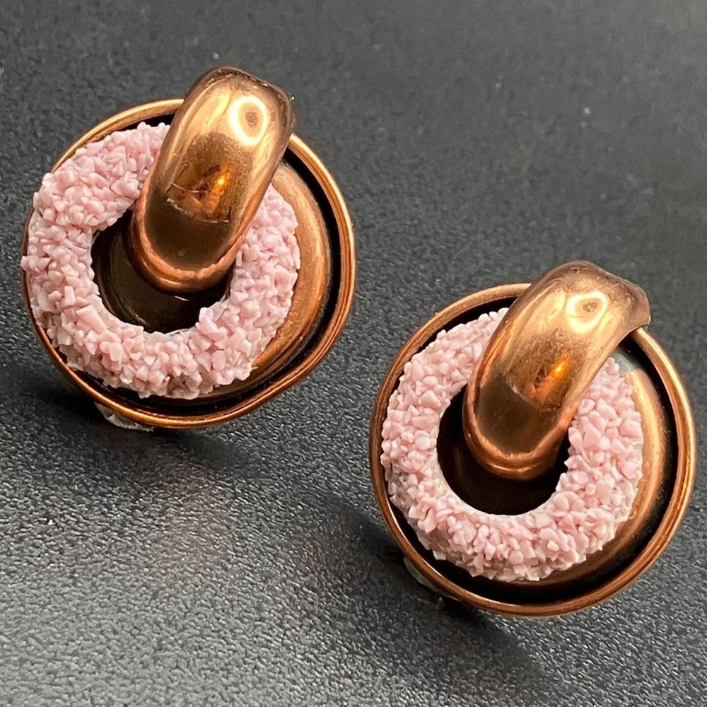 Vintage Renoir Earrings Copper Clip On Pink Enamel Matisse 1950s Modernist
